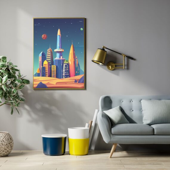 Space City on Planet with Illuminated Buildings