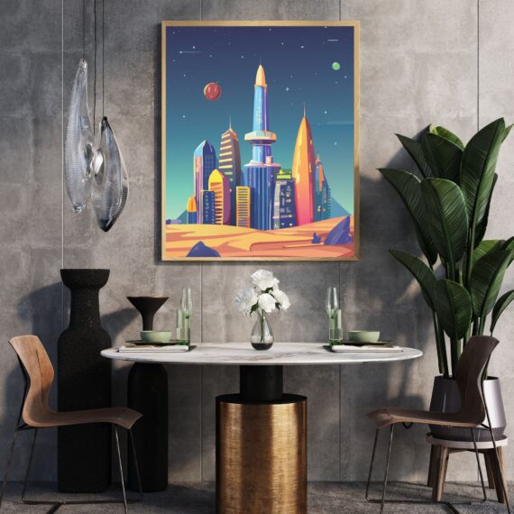 Space City on Planet with Illuminated Buildings