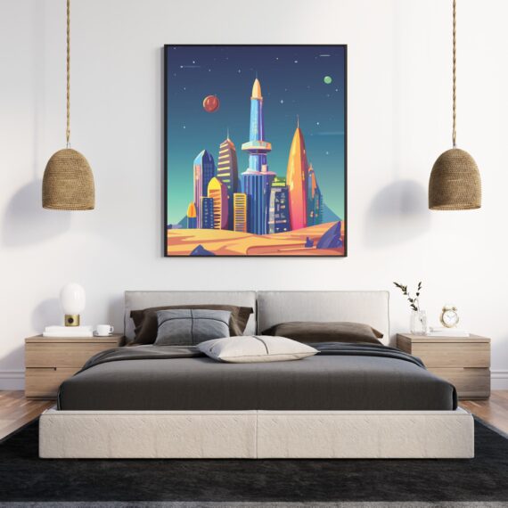 Space City on Planet with Illuminated Buildings